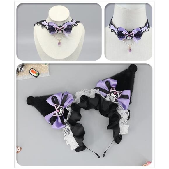 Halloween Soft Faux Fur Plush Fox Ears & Ribbon Bows Headband for Cartoon Kuromi - Picture 6 of 6